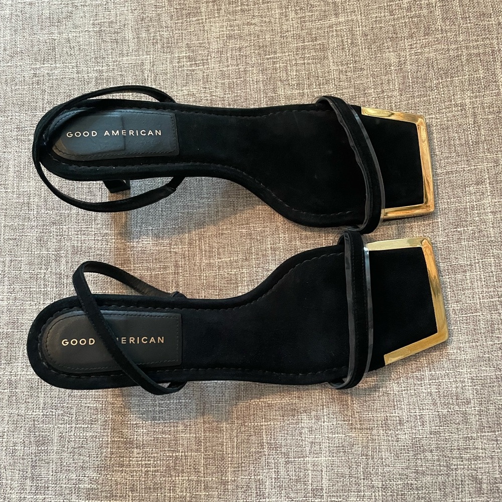 Good American The Standout Square Toe Sandals - black suede with a gold accent - Picture 3 of 6